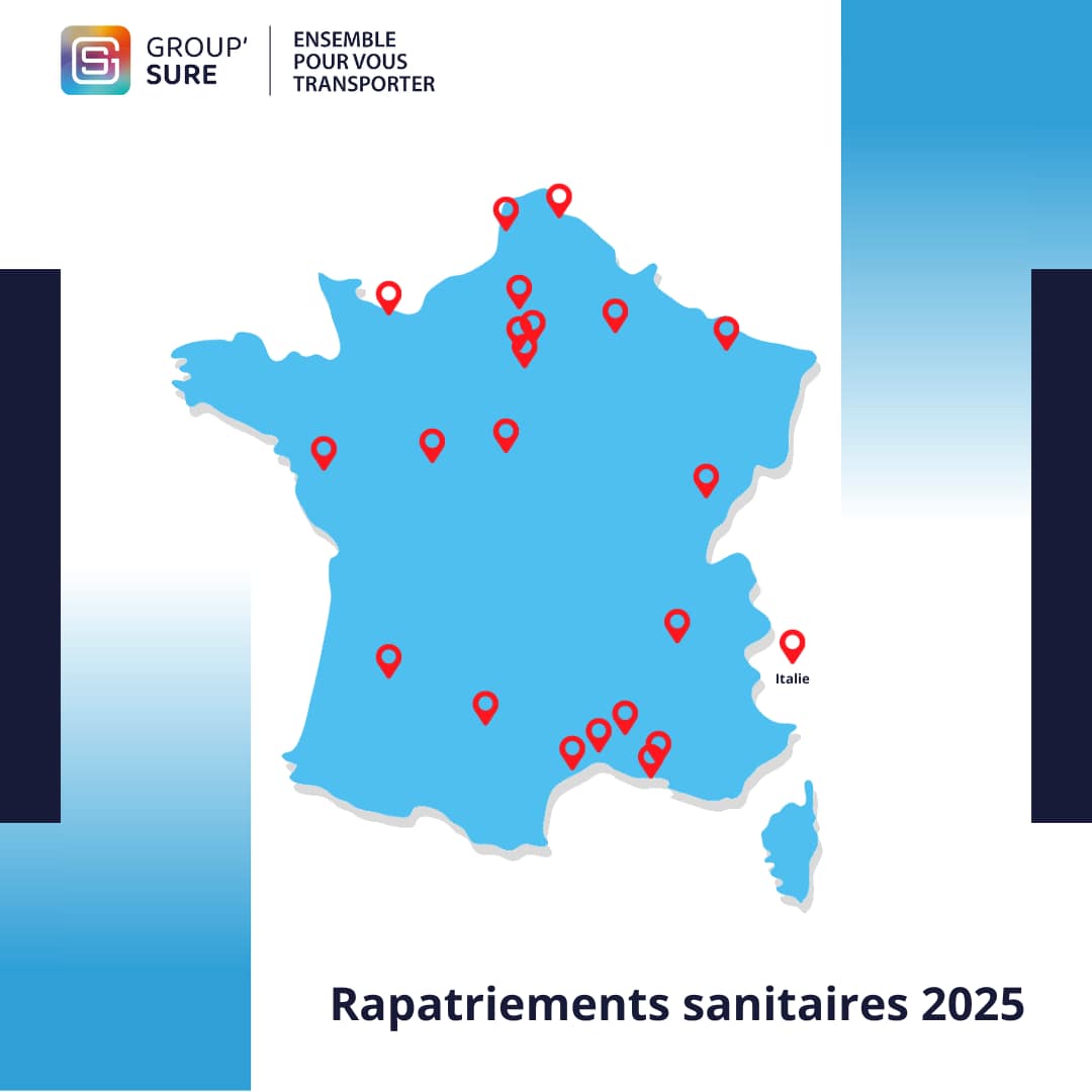 Carte de France illustrant les rapatriements sanitaires réalisés par Group’Sure en 2025, avec des points indiquant les principales destinations en France et en Italie.